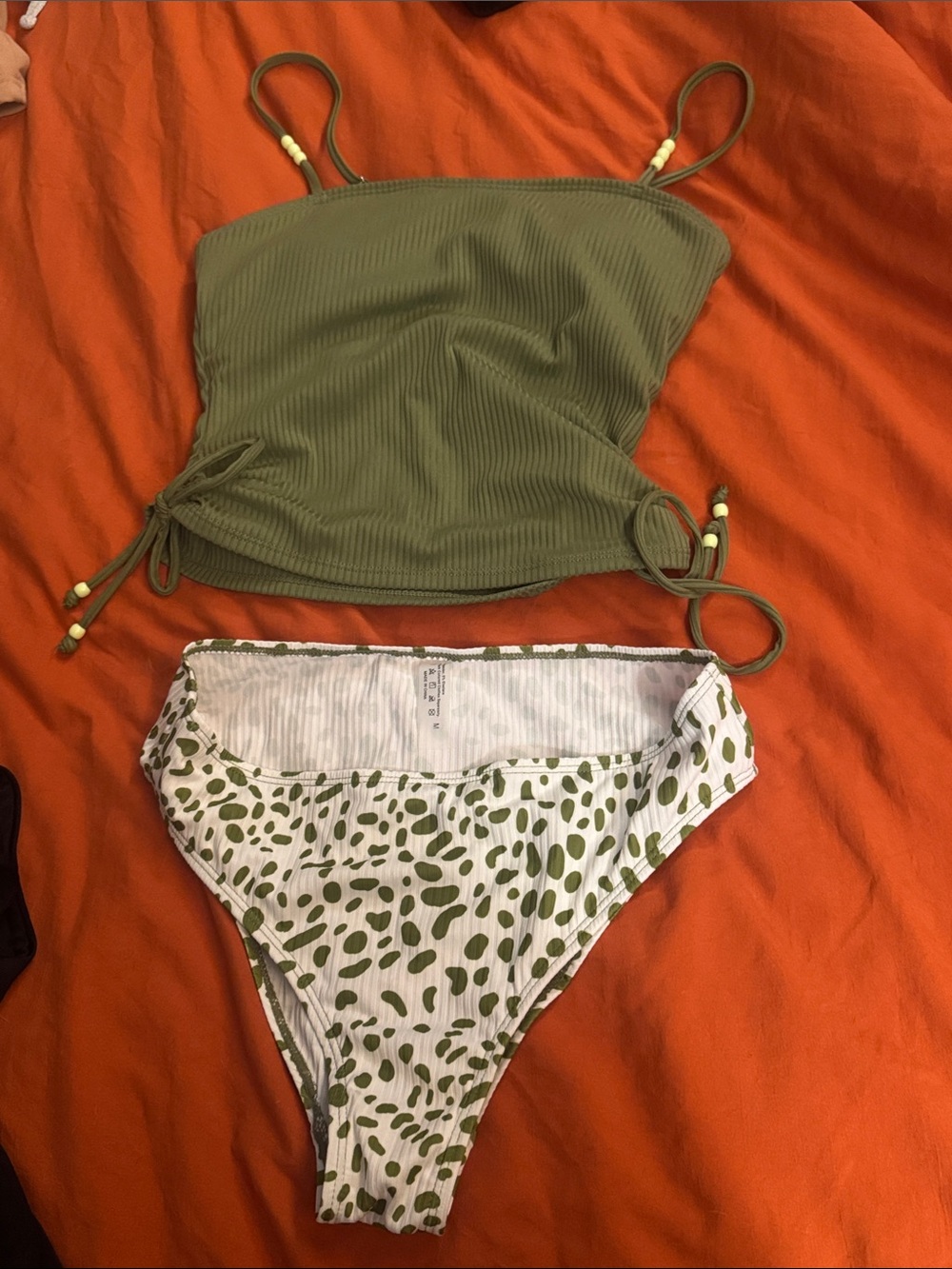 Olive Green Ribbed Tankini Top & Printed High-Cut Bottoms